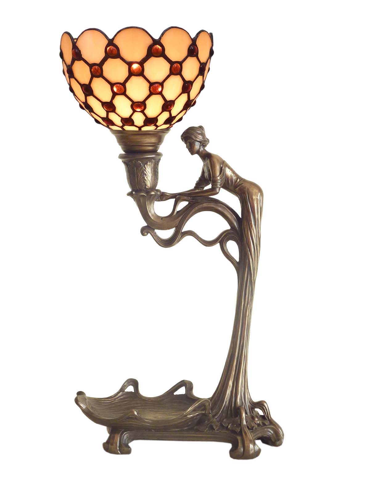 Art nouveau lamp with cream leadlight shade, cold cast bronze