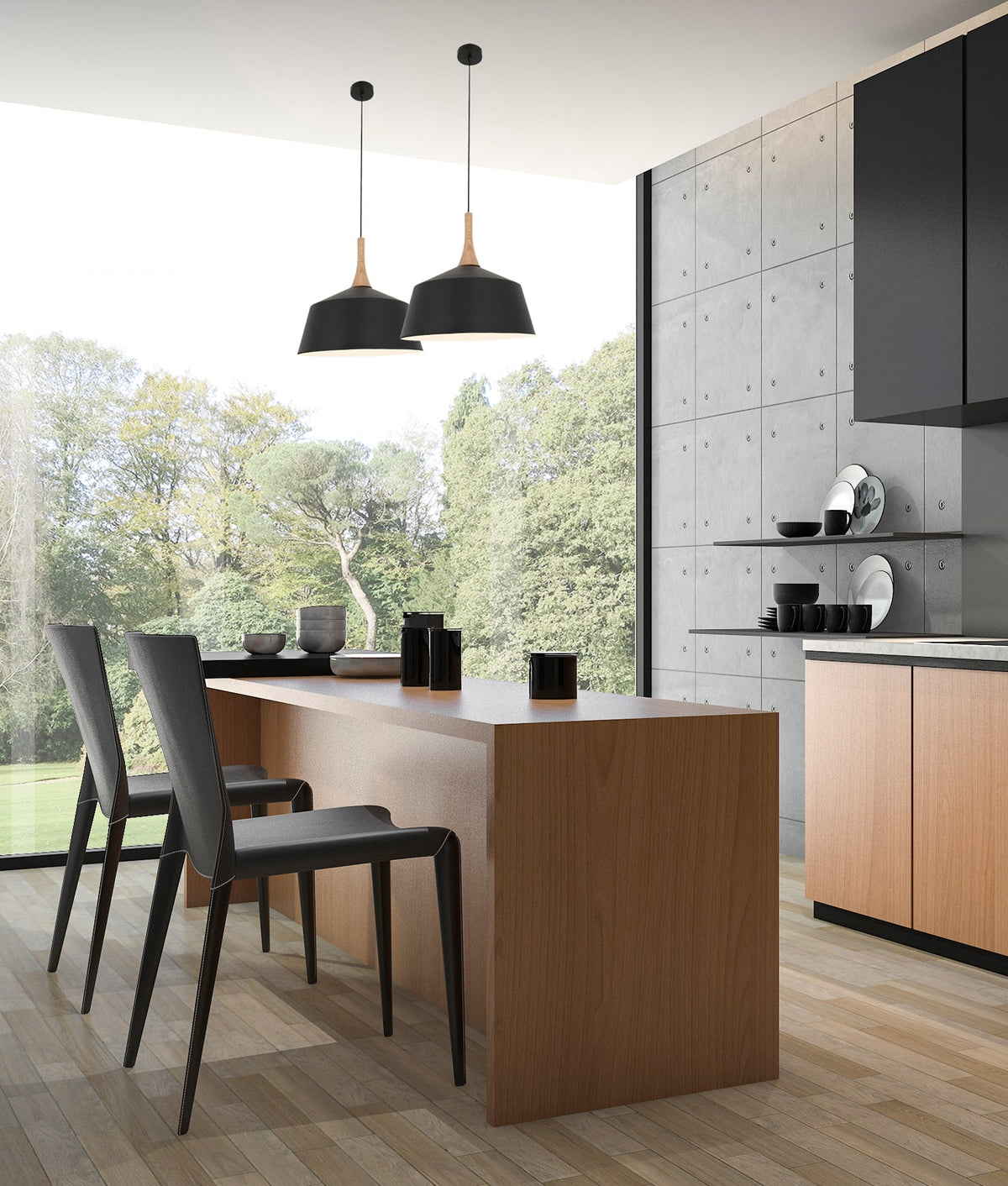NORDIC: Modern Scandinavian Medium 400mm Dome Shape Steel & Wood Pendant Lights