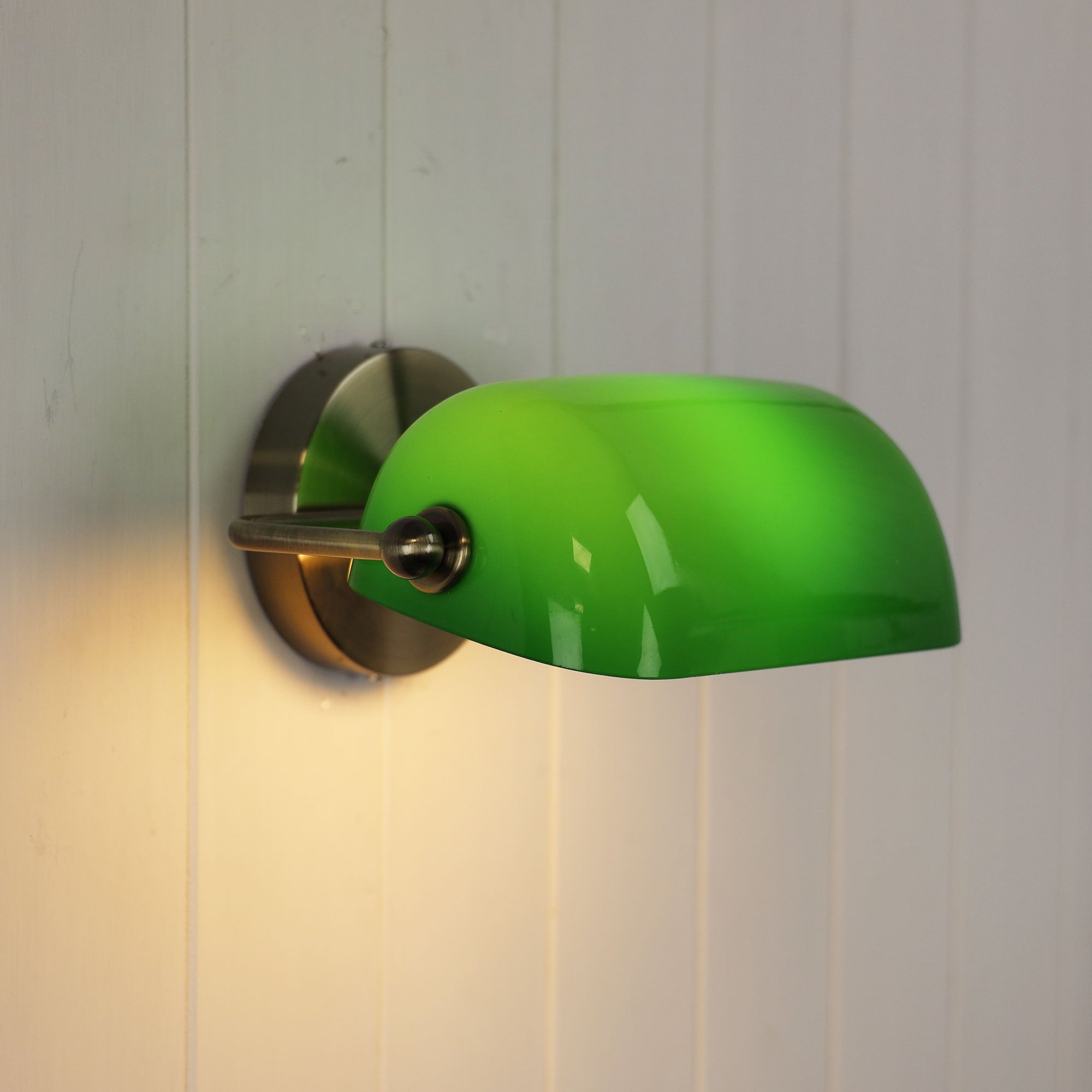 Bankers Antique Brass & Dark Green Glass Wall Light