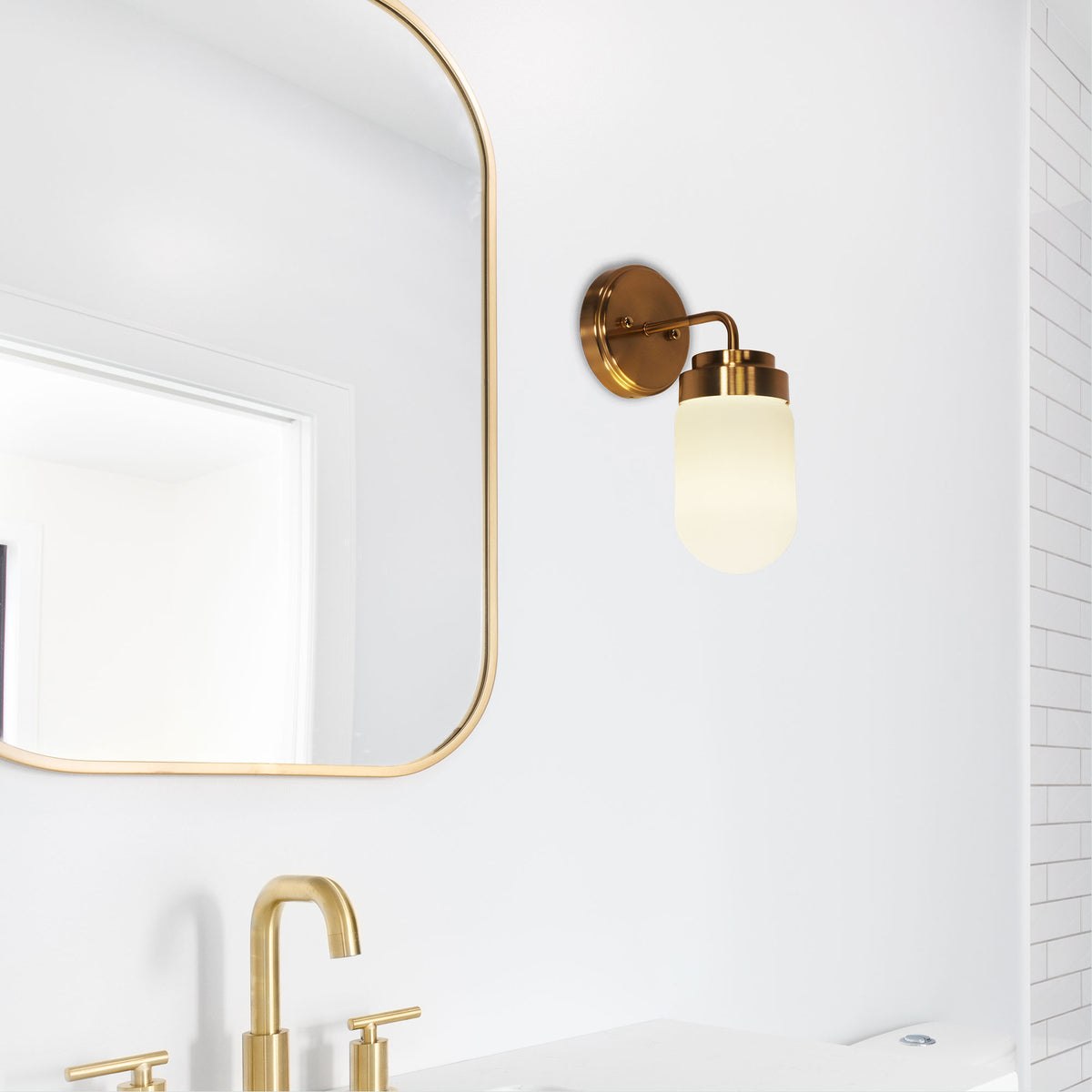 Dunburn Satin Brass & Opal Matt Glass E27 IP44 Wall Light