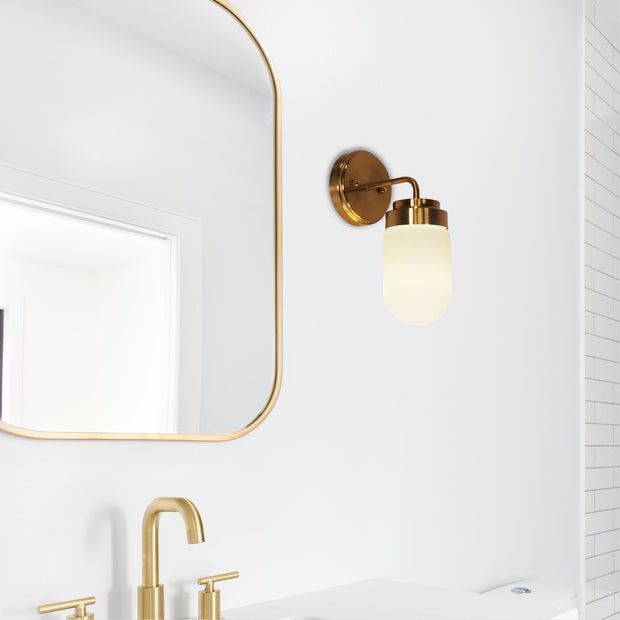 Dunburn Satin Brass & Opal Matt Glass E27 IP44 Wall Light
