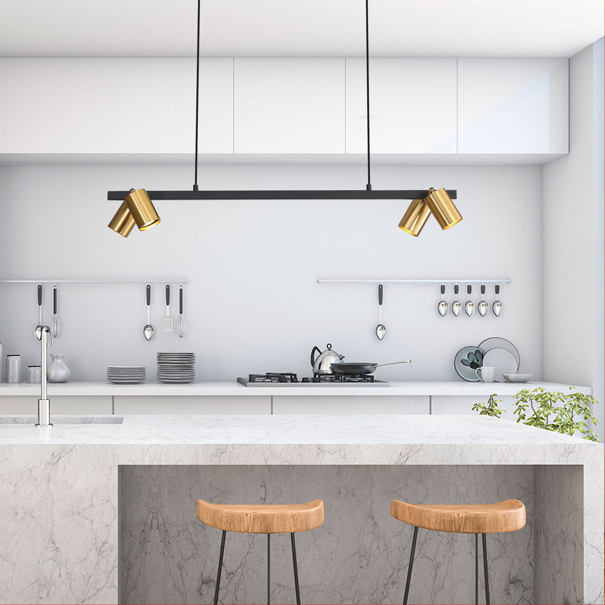 Bridge 4 Black & Satin Brass GU10 4 Light Adjustable Spot Bar Pendant