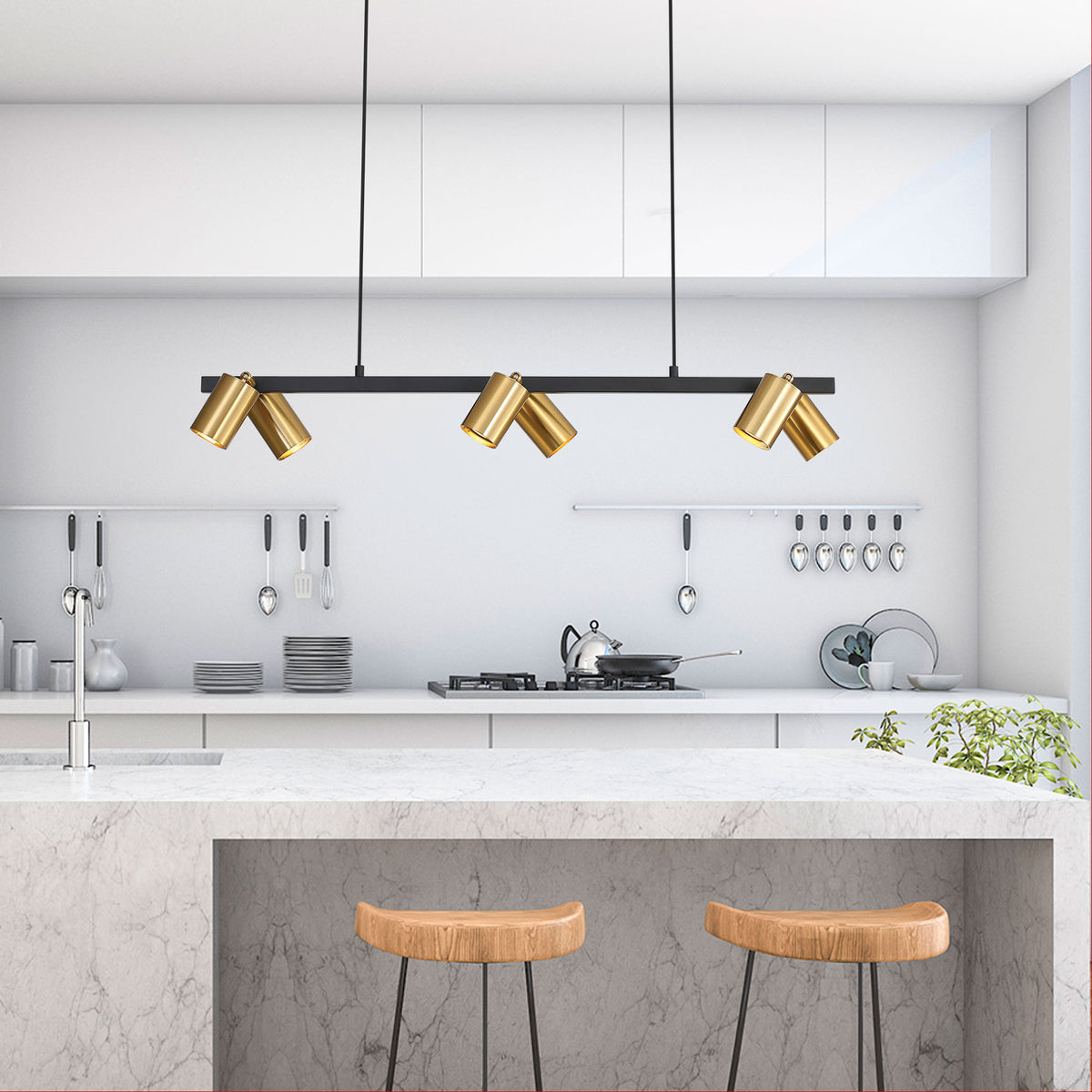Bridge Black & Satin Brass GU10 6 Light Adjustable Spot Pendant