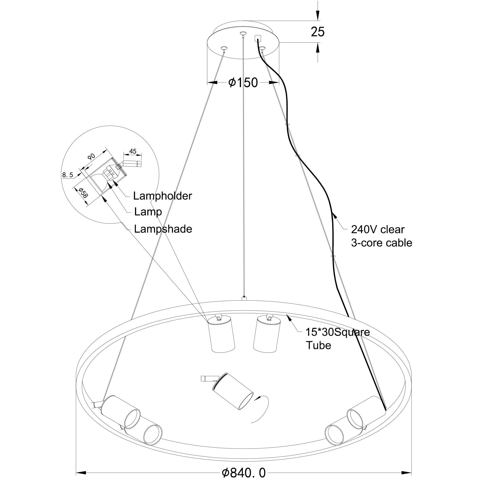 Pano.6 Black GU10 6 Light Round Adjustable Spot Pendant