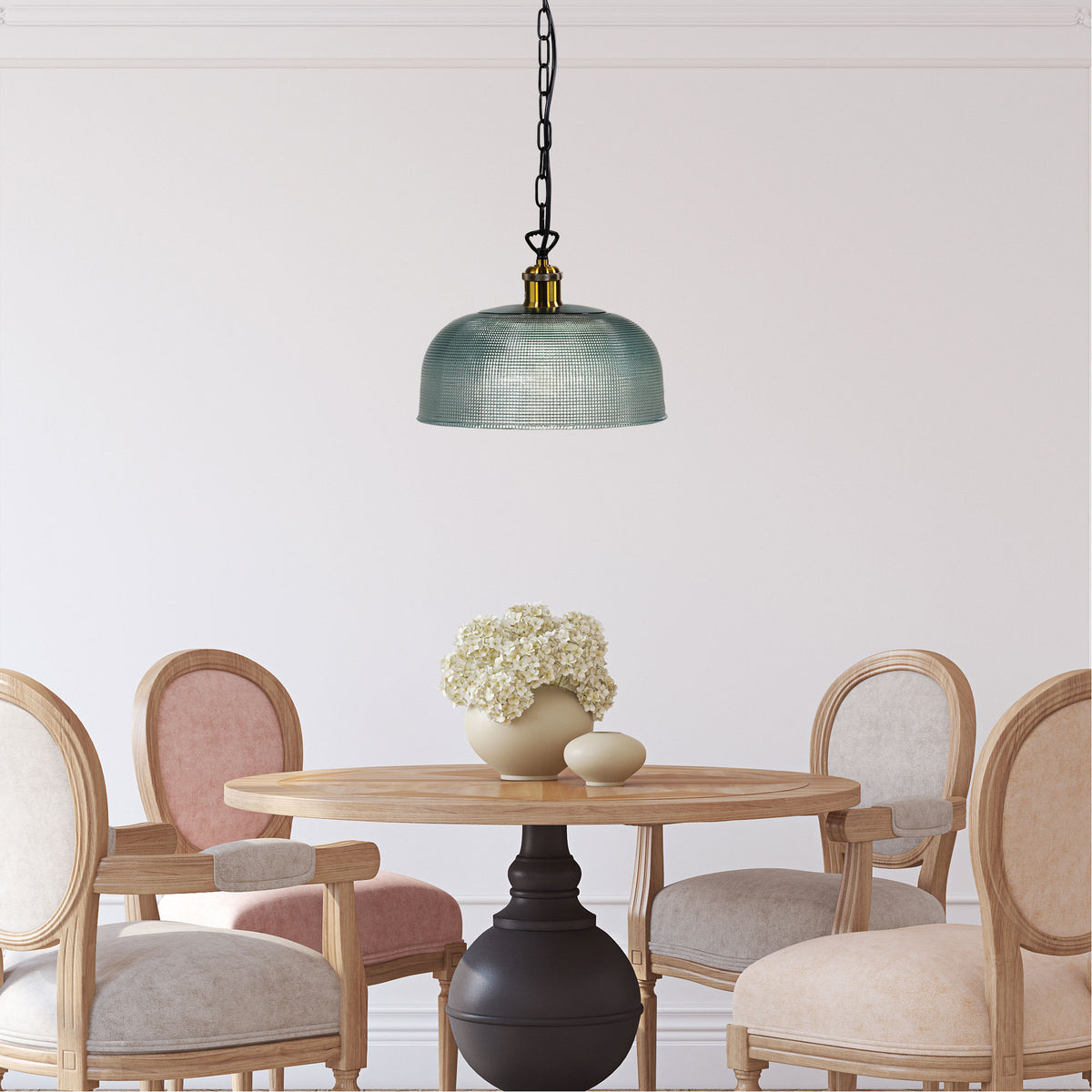 Maison 27 Black, Antique Brass & Blue Halophane Glass Retro Pendant