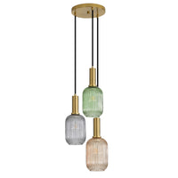 Thumbnail for Luxe Trilight Antique Brass with Green, Amber & Smoke Glass 3 Light Pendant