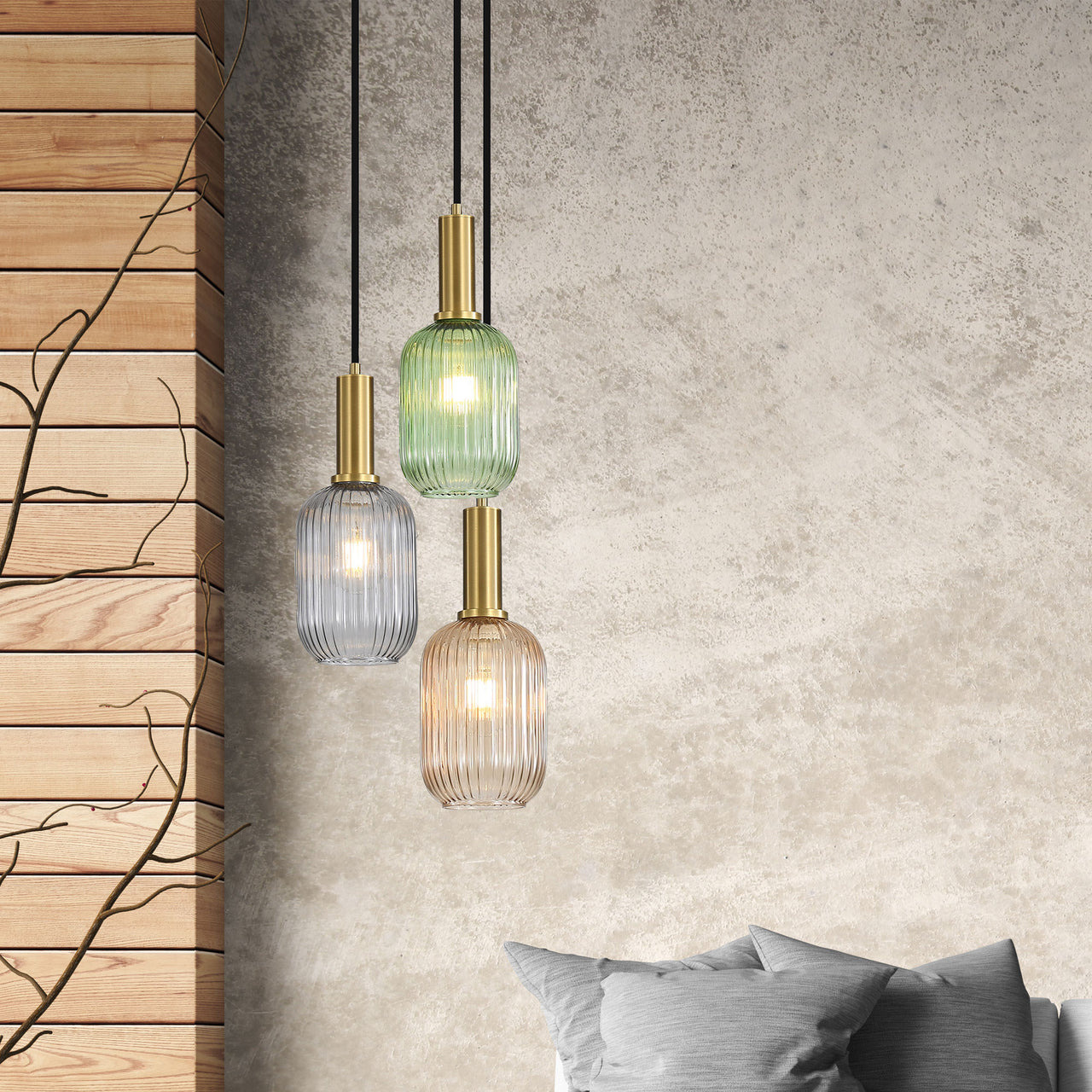 Luxe Trilight Antique Brass with Green, Amber & Smoke Glass 3 Light Pendant