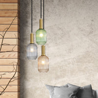 Thumbnail for Luxe Trilight Antique Brass with Green, Amber & Smoke Glass 3 Light Pendant