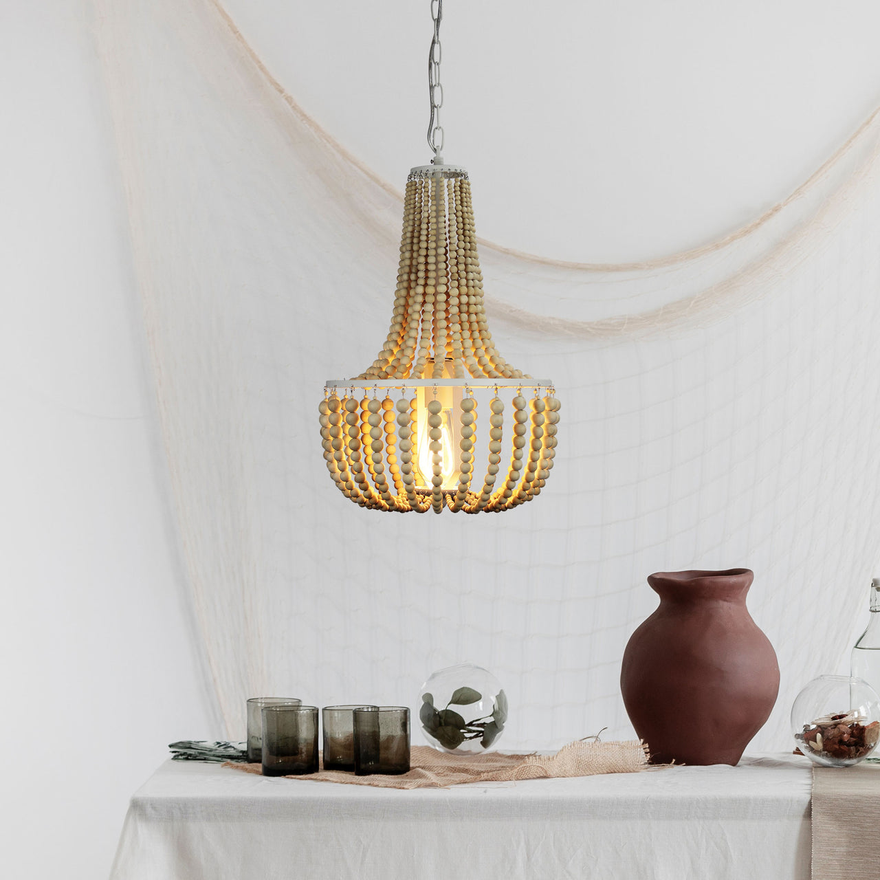 Cascara Natural Wooden Beaded 1 Light Pendant