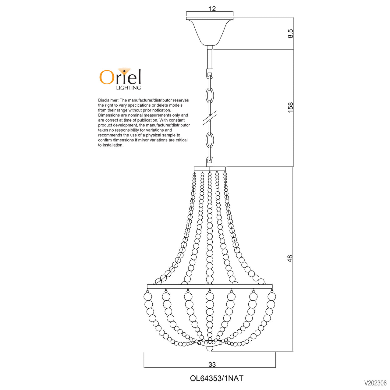 Cascara Natural Wooden Beaded 1 Light Pendant