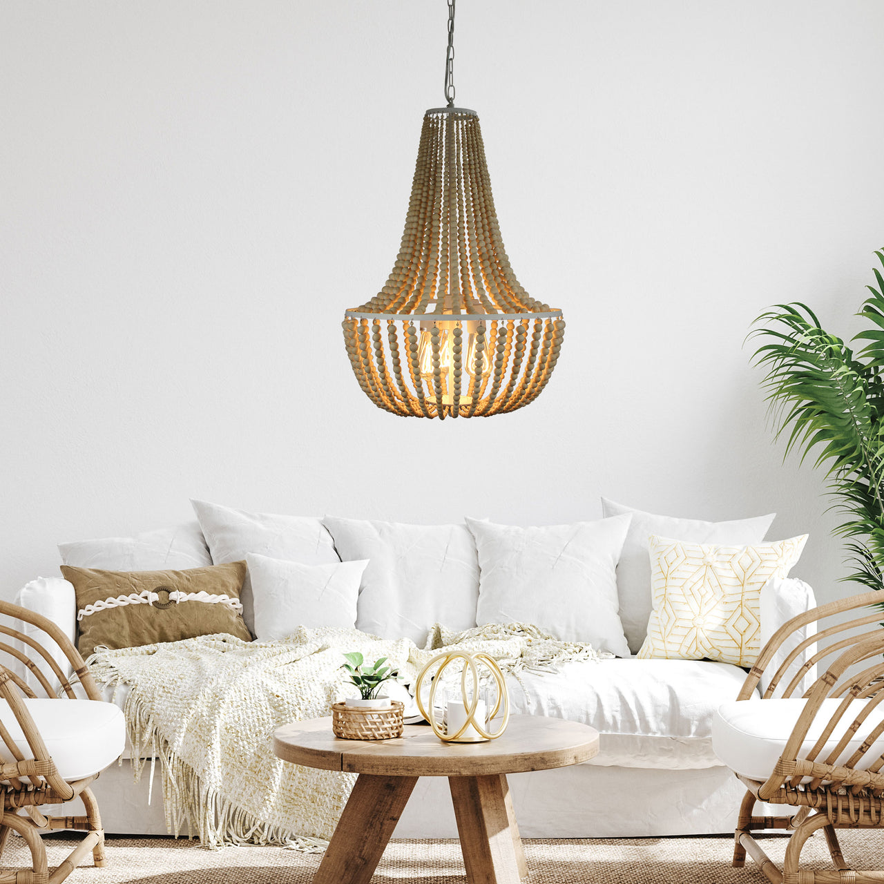 Cascara Natural Wooden Beaded 3 Light Pendant