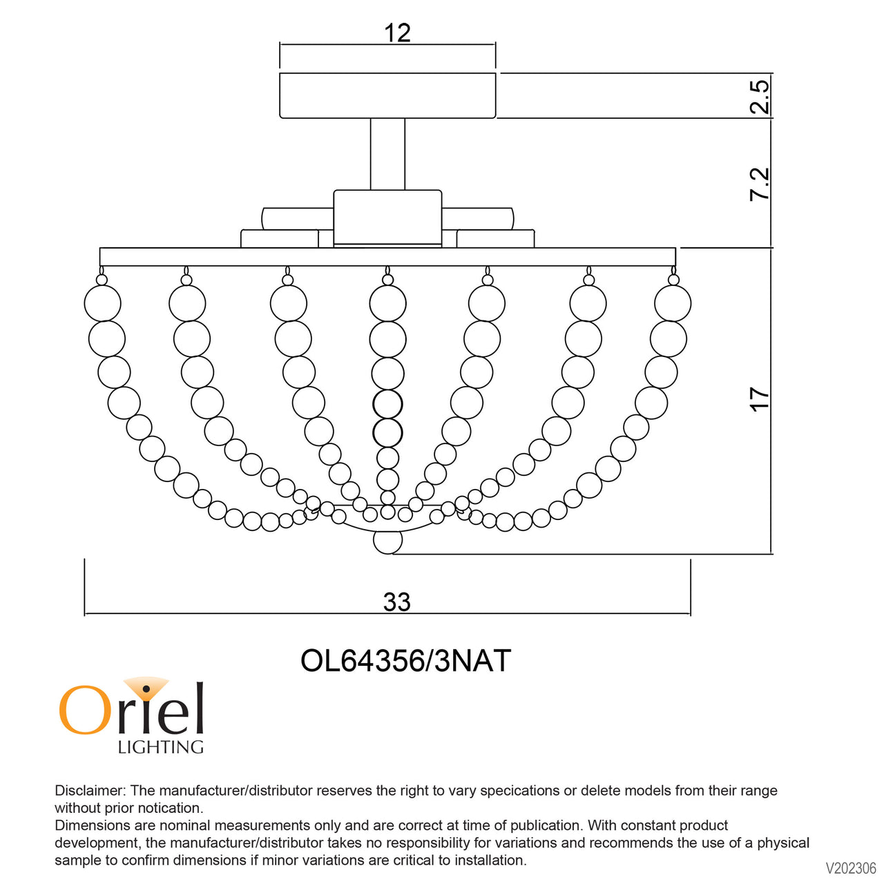 Cascara Natural Wooden Beaded 3 Light Ctc Ceiling Light