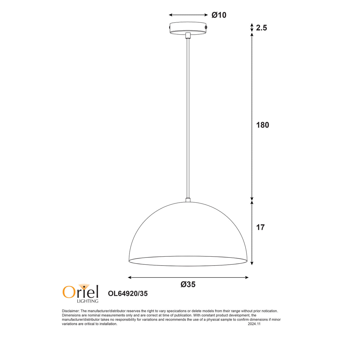 Lexi 35 White Metal Dome Pendant Light