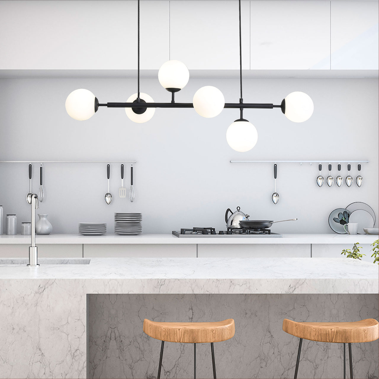 Eva.6 Black & Opal Glass 6 Light Bar Pendant