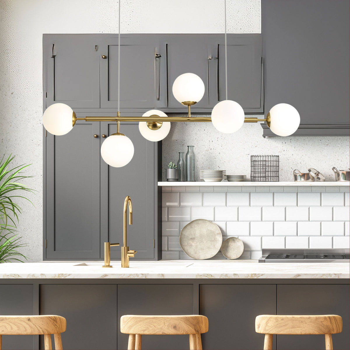 Eva 6 Satin Brass & Opal Glass 6 Light Bar Pendant