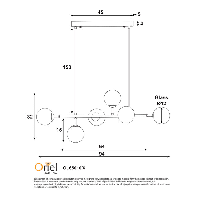 Eva 6 Satin Brass & Opal Glass 6 Light Bar Pendant