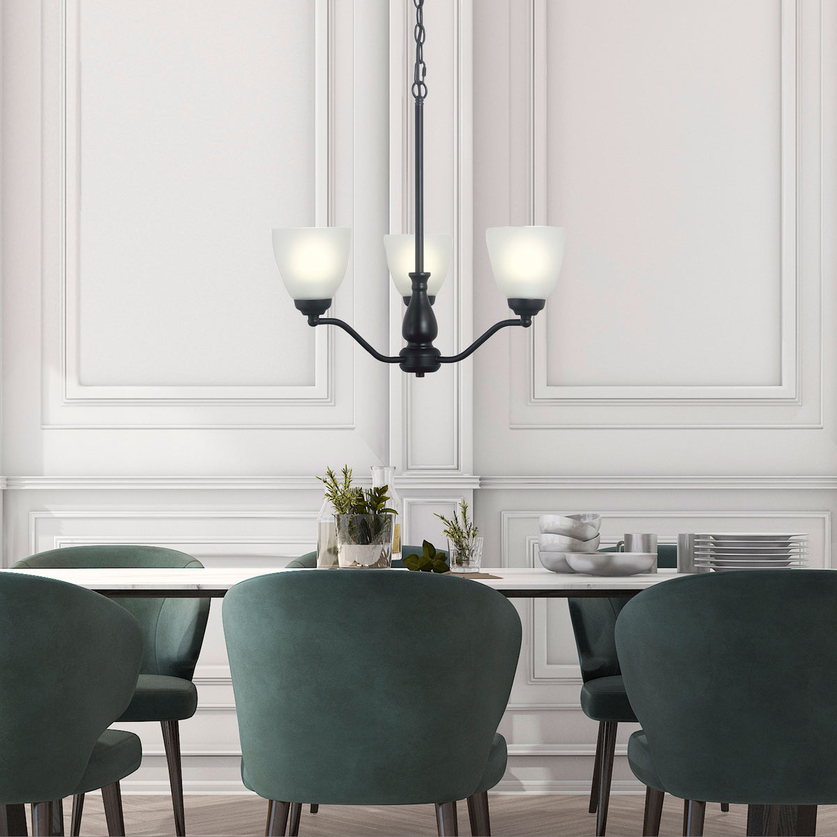 Rochester Black & Frosted Glass 3 Light Traditional Pendant