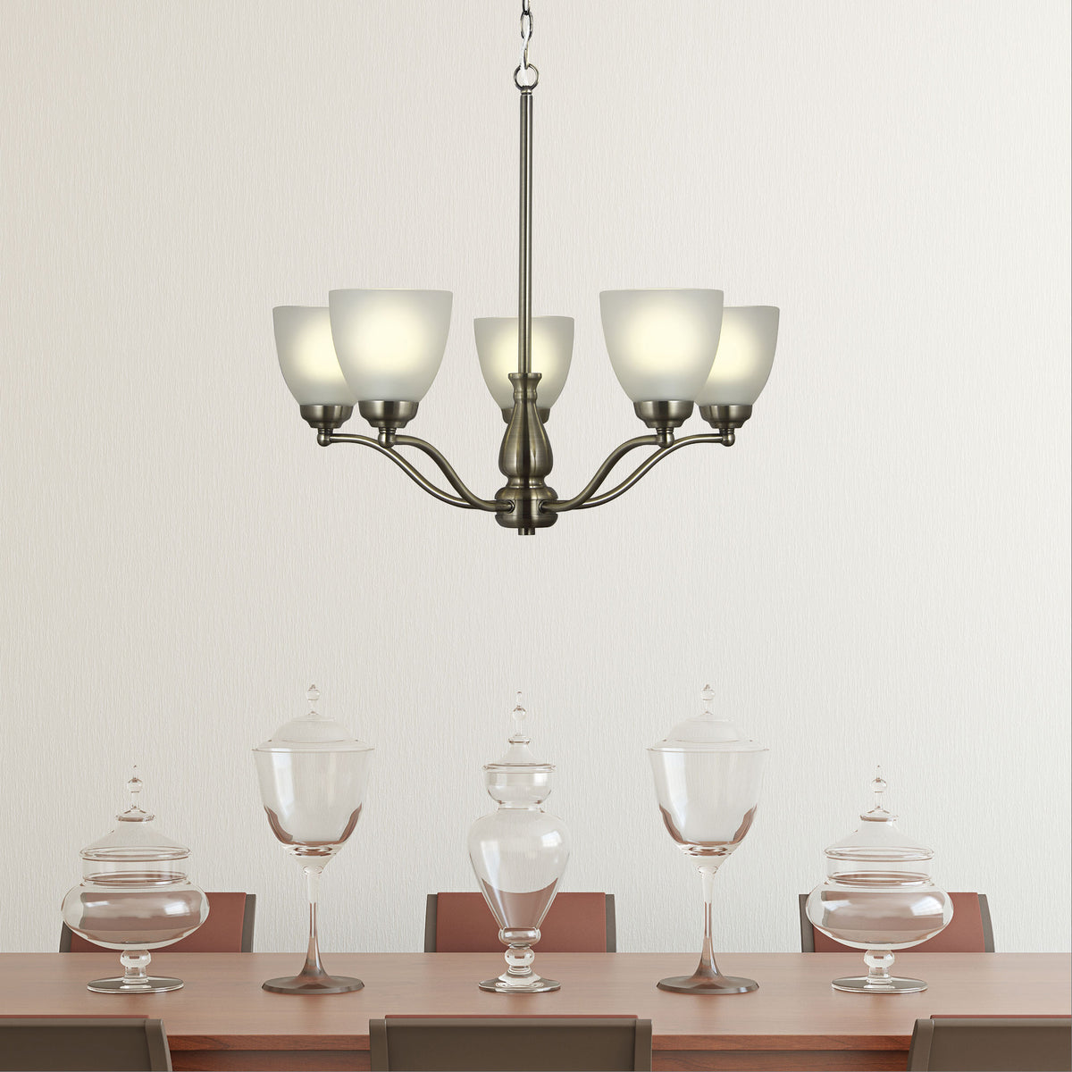 Rochester Antique Brass & Frosted Glass 5 Light Traditional Pendant