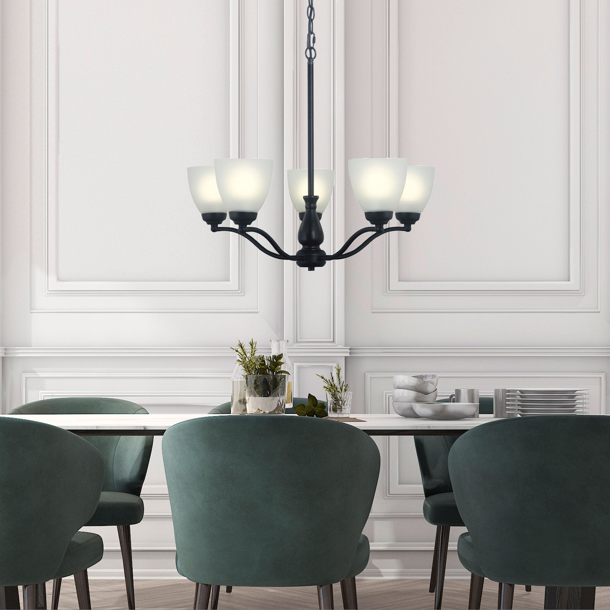 Rochester Black & Frosted Glass 5 Light Traditional Pendant