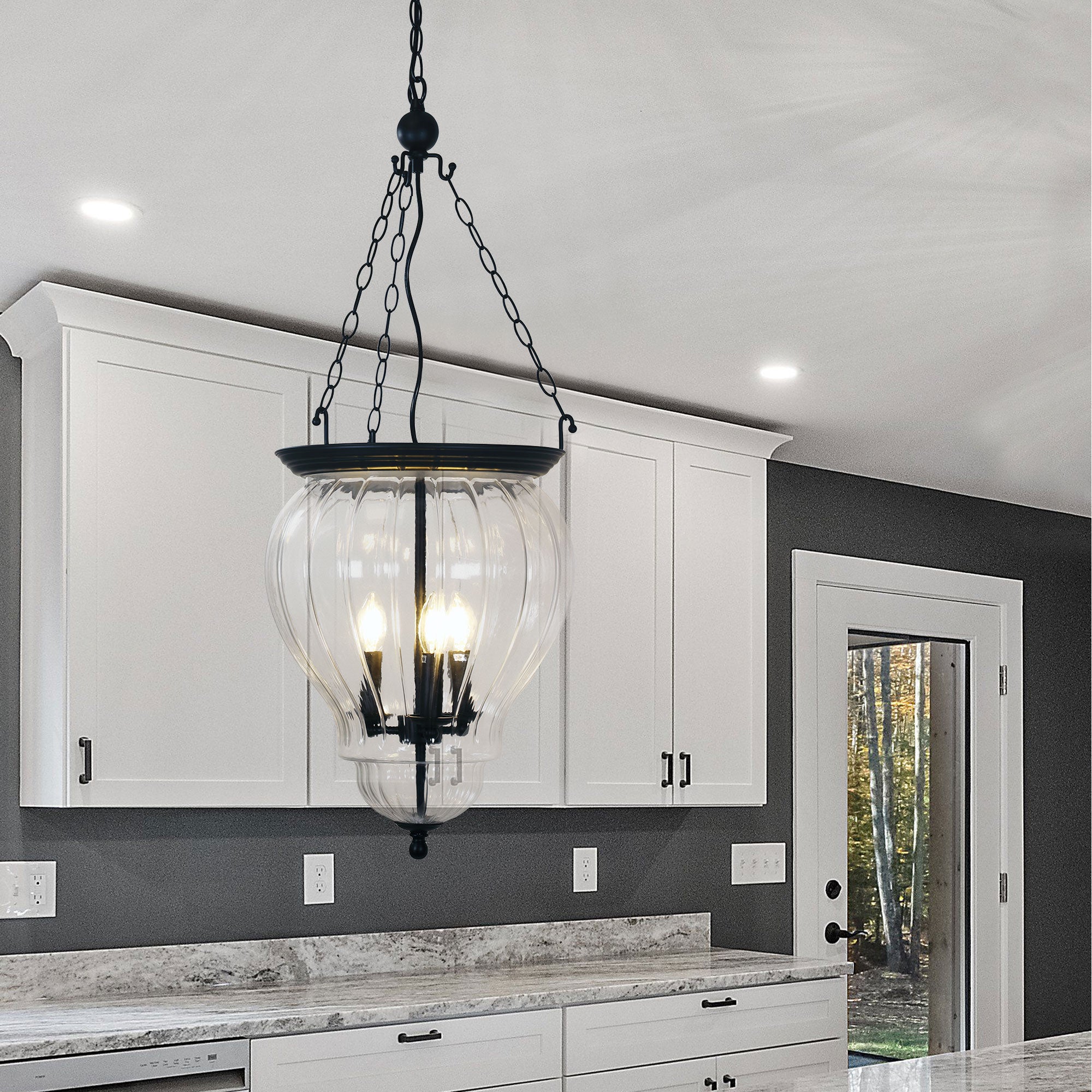 Newham Black & Clear Glass 3 Light Traditional Pendant