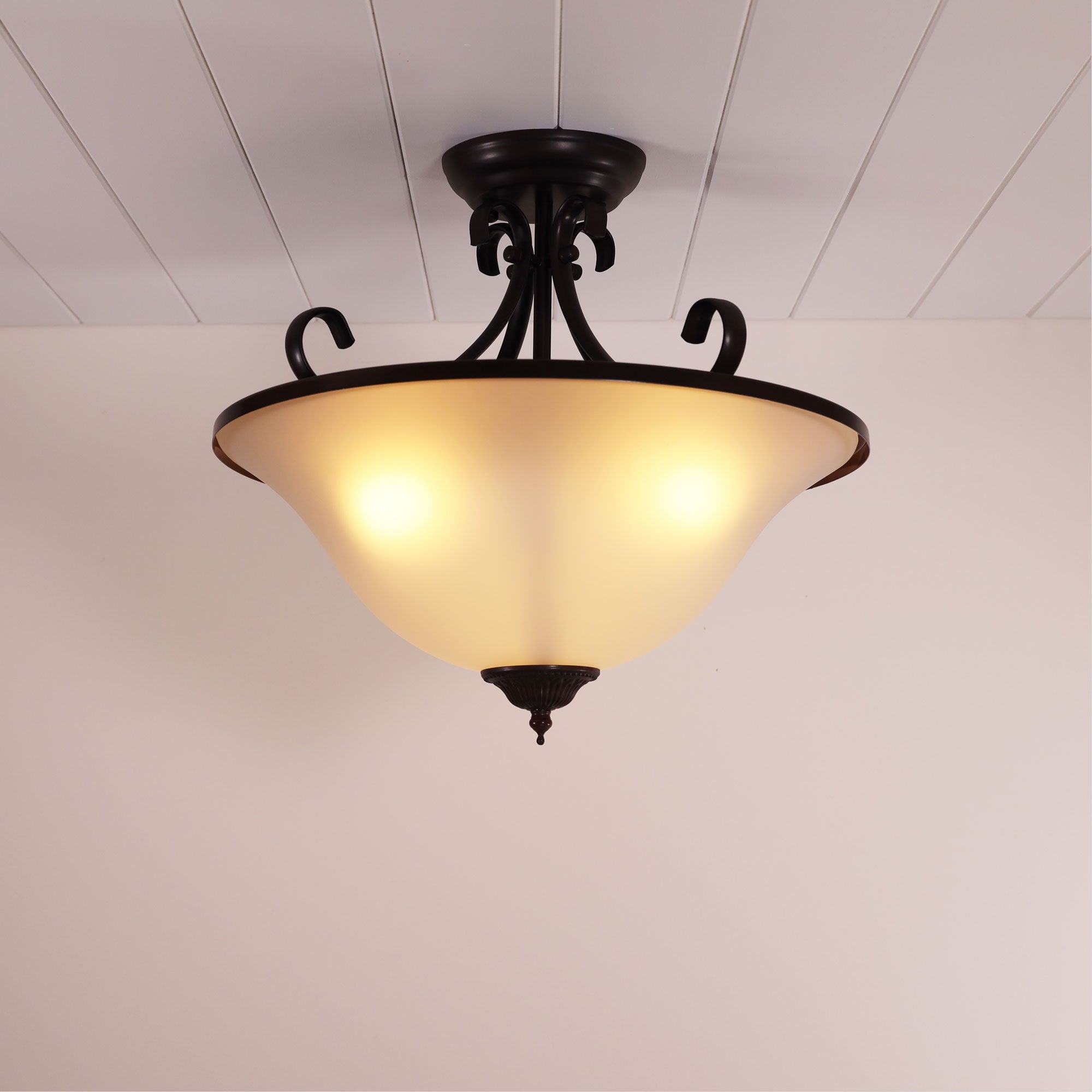 Gaston.II  Bronze & Frost Glass 3 Light Traditional Ctc Semi-flush Pendant