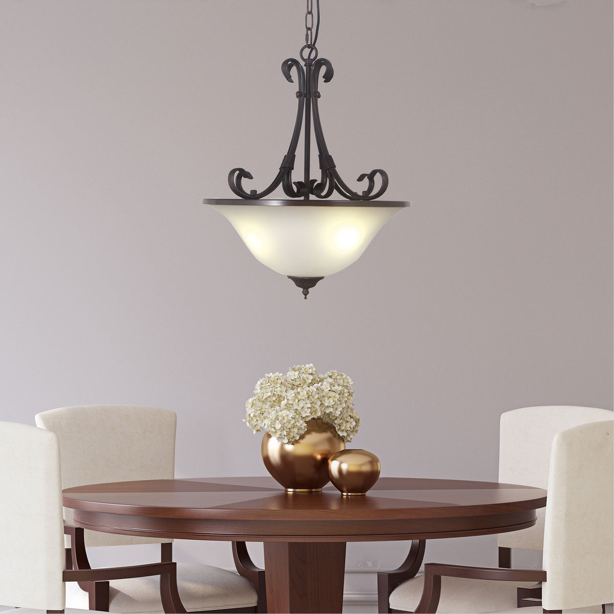Gaston II Bronze & Frost Glass 3 Light Single Traditional Pendant