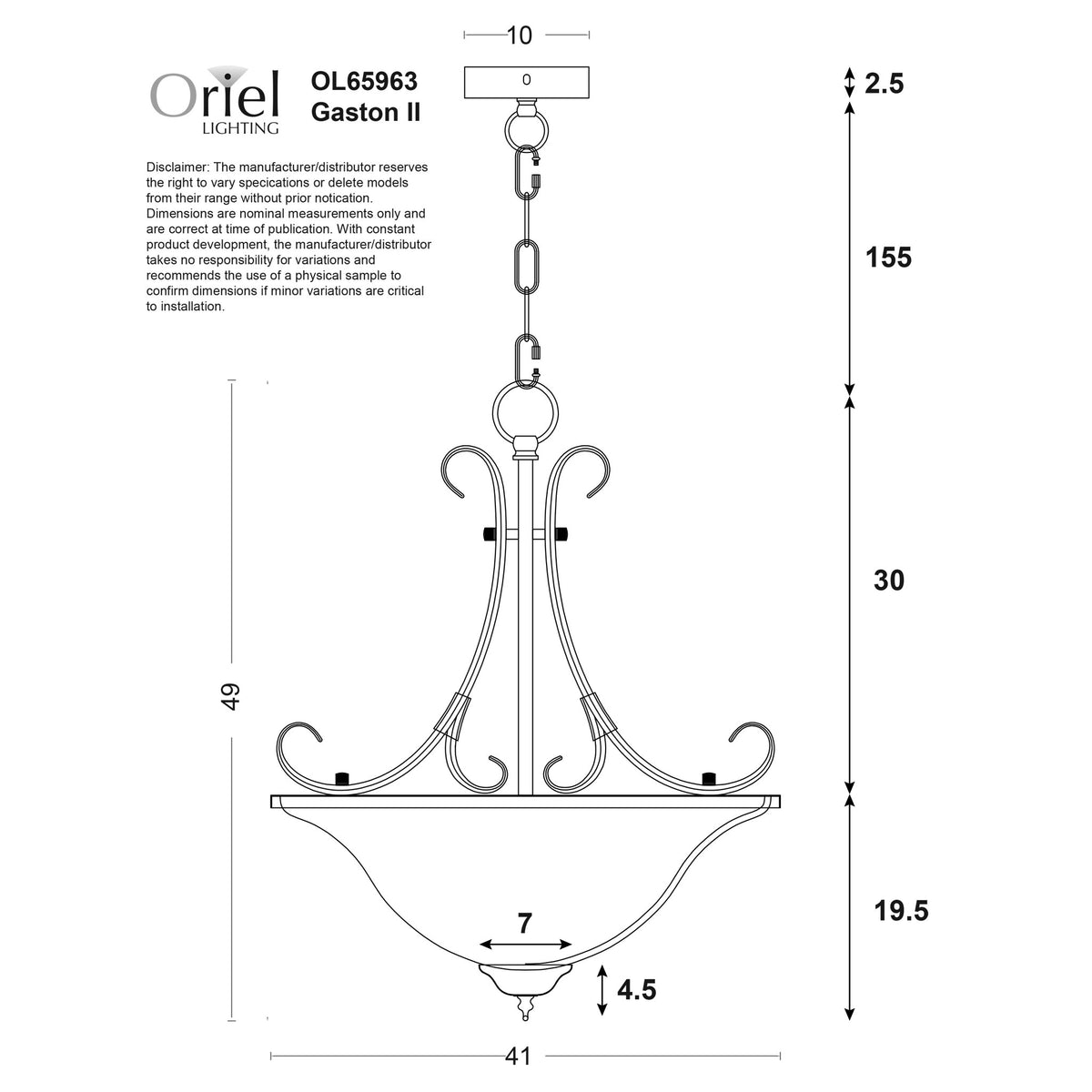 Gaston II Bronze & Frost Glass 3 Light Single Traditional Pendant