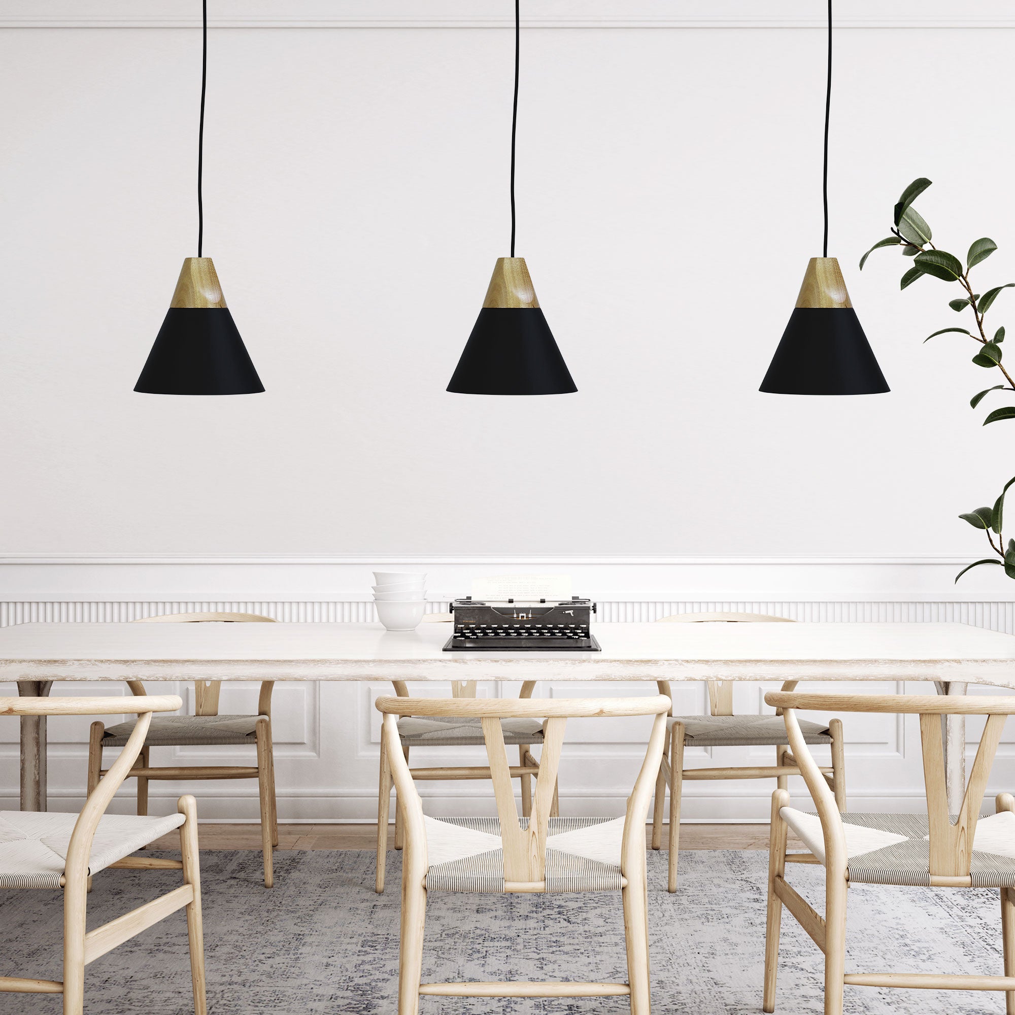 Trigo.20 Black & Timber Stylish Conical White Pendant