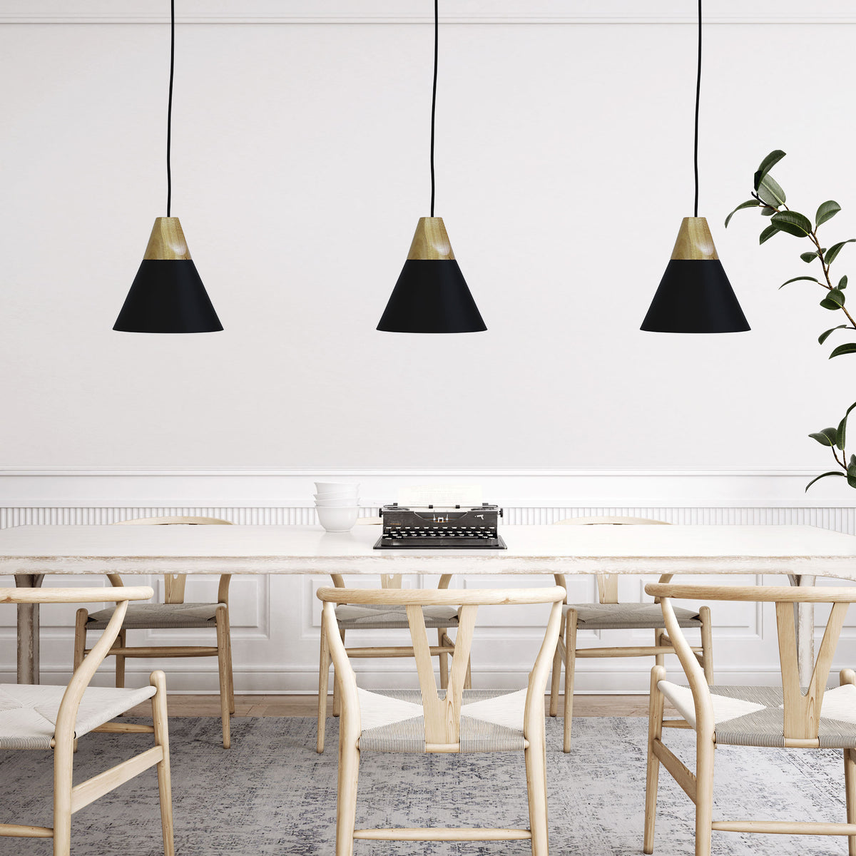 Trigo 20 Black & Timber Stylish Conical White Pendant