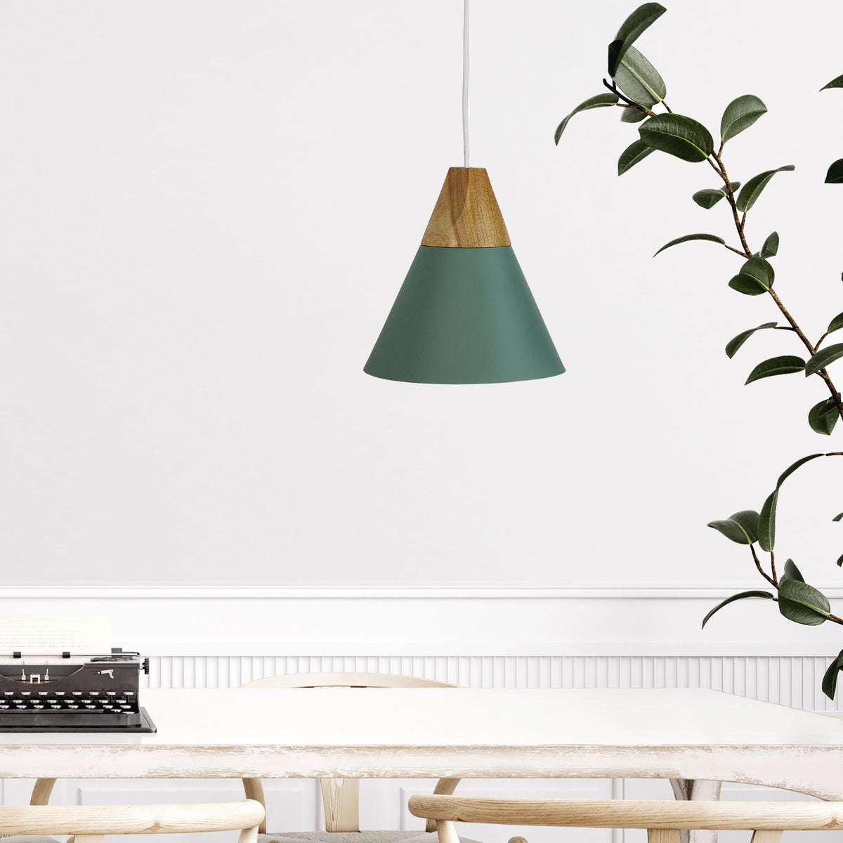Trigo 20 Green & Timber Stylish Conical White Pendant
