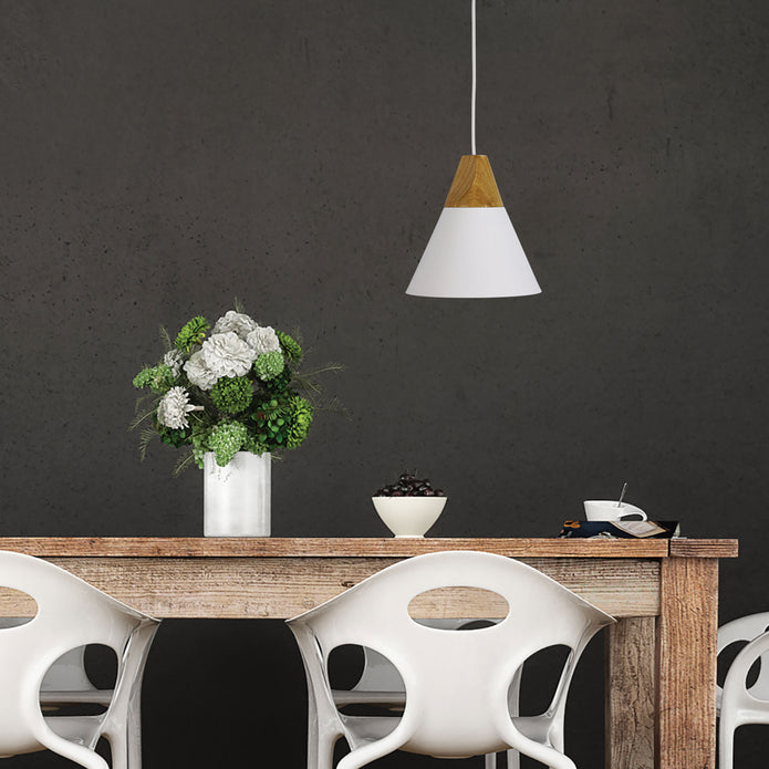Trigo 20 White & Timber Stylish Conical White Pendant