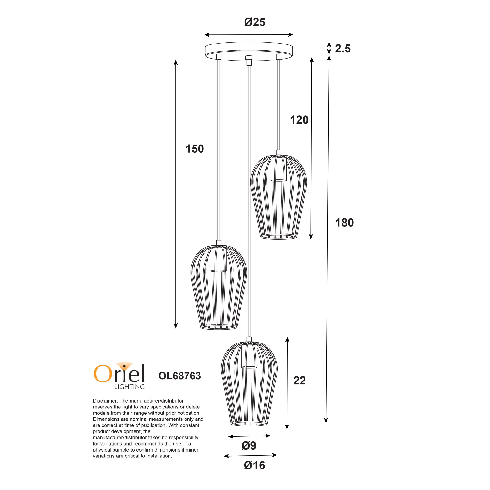 Olam Black 3 Light Cluster Wire Pendant