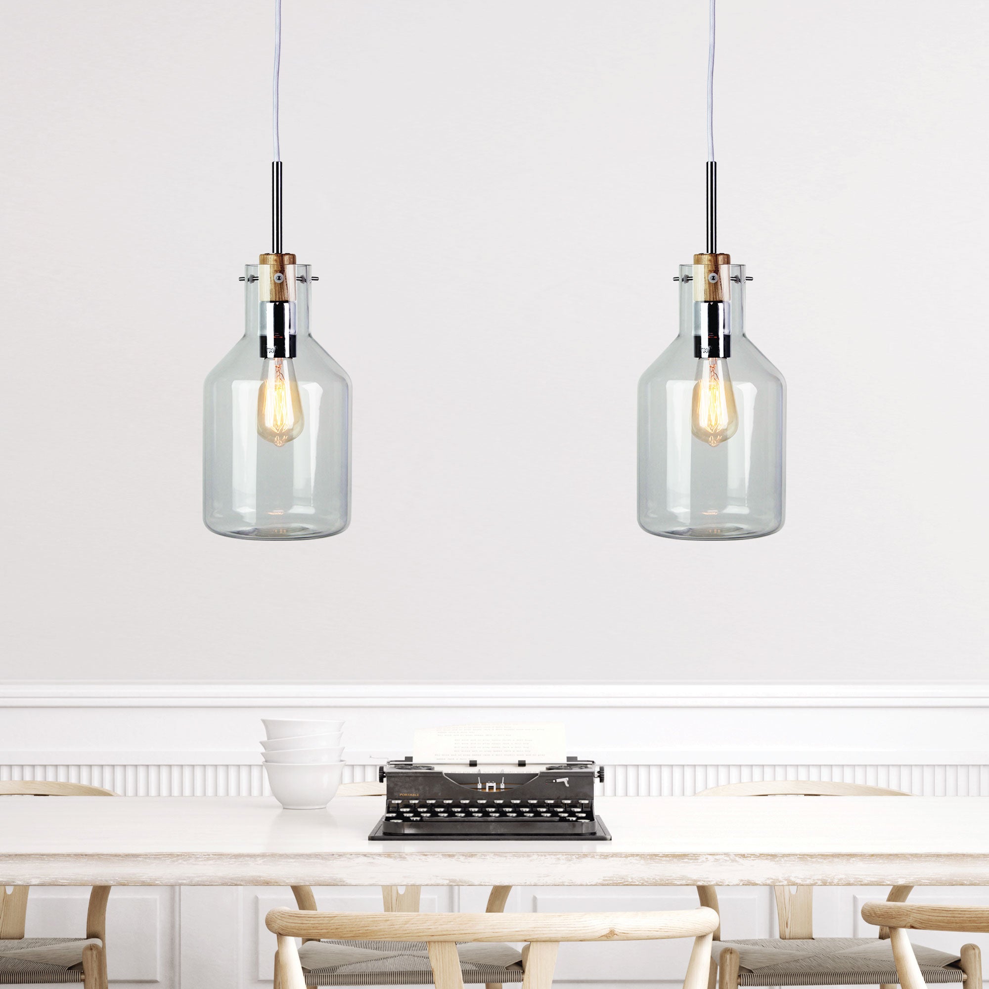 Holbeck.17 Chrome, Timber & Clear Glass Scandi Pendant