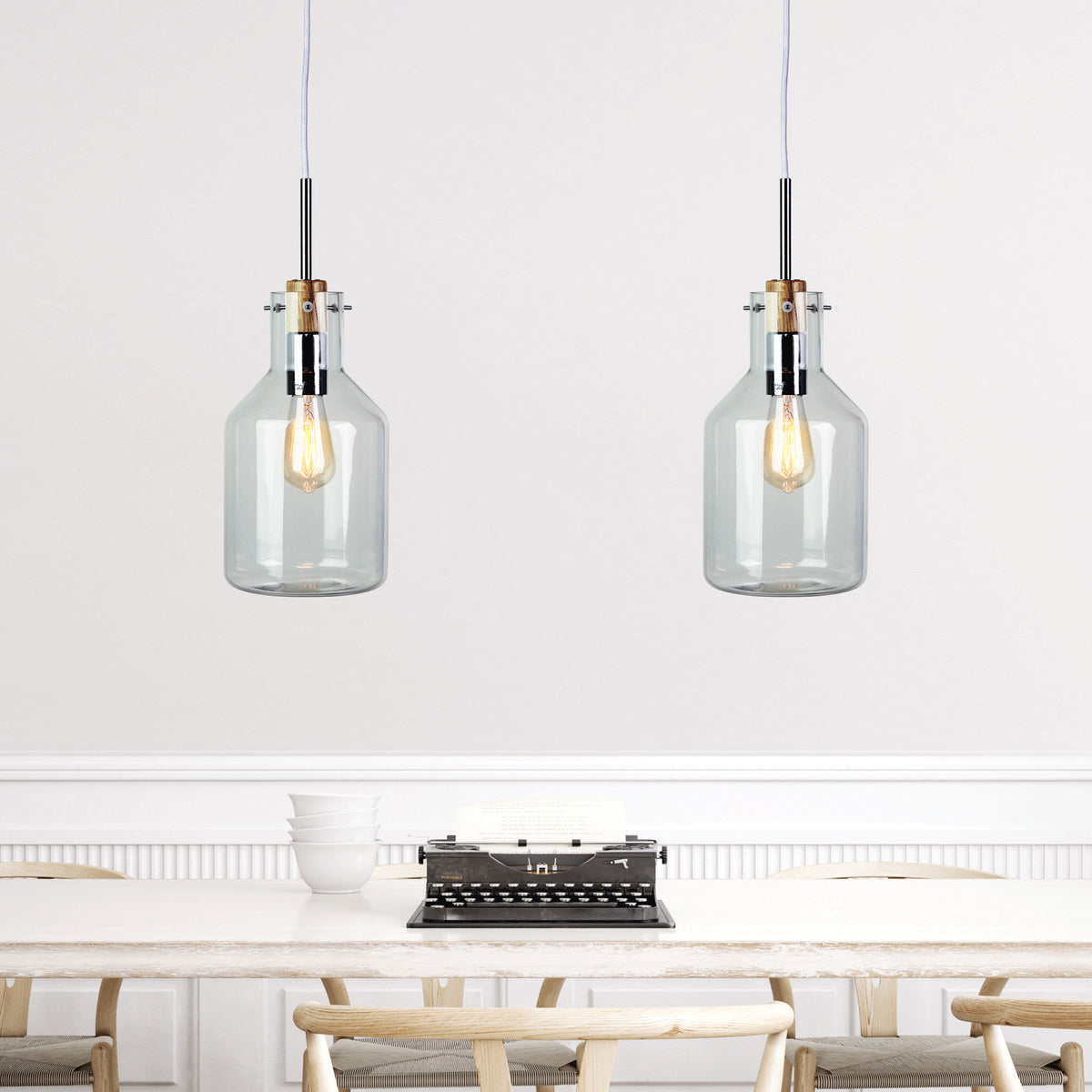 Holbeck 17 Chrome, Timber & Clear Glass Scandi Pendant