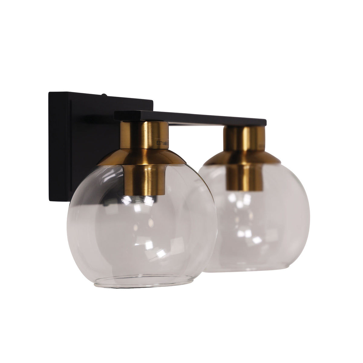 Clayton Black, Satin Brass & Clear Glass 2 Light E27 Wall Light