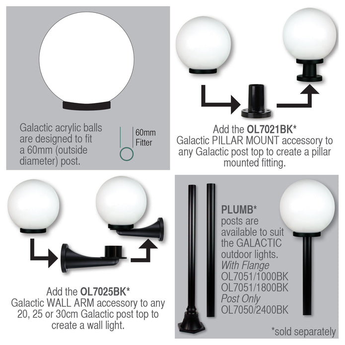 Galactic Opal 20cm E27 IP44 Acrylic Post Top