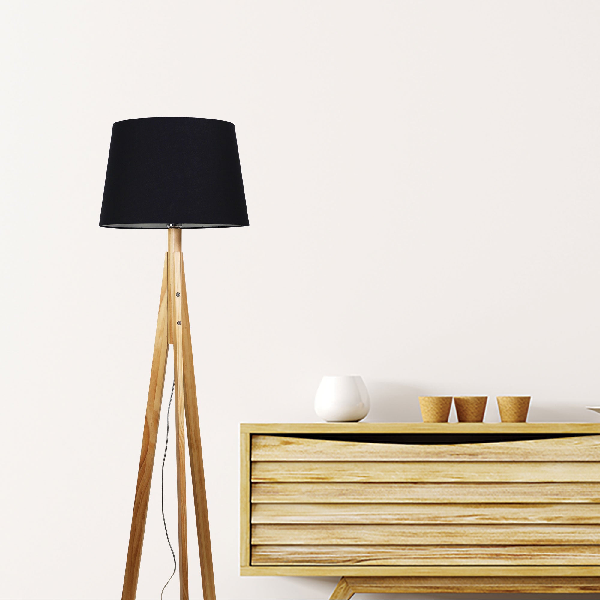 Stabb Natural Pine & Black Fabric Floor Lamp