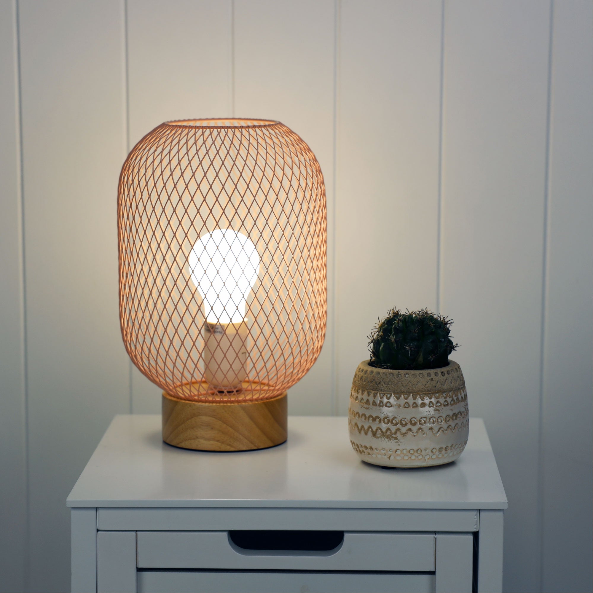 Tilda Pink Metal Mesh & Timber Table Lamp