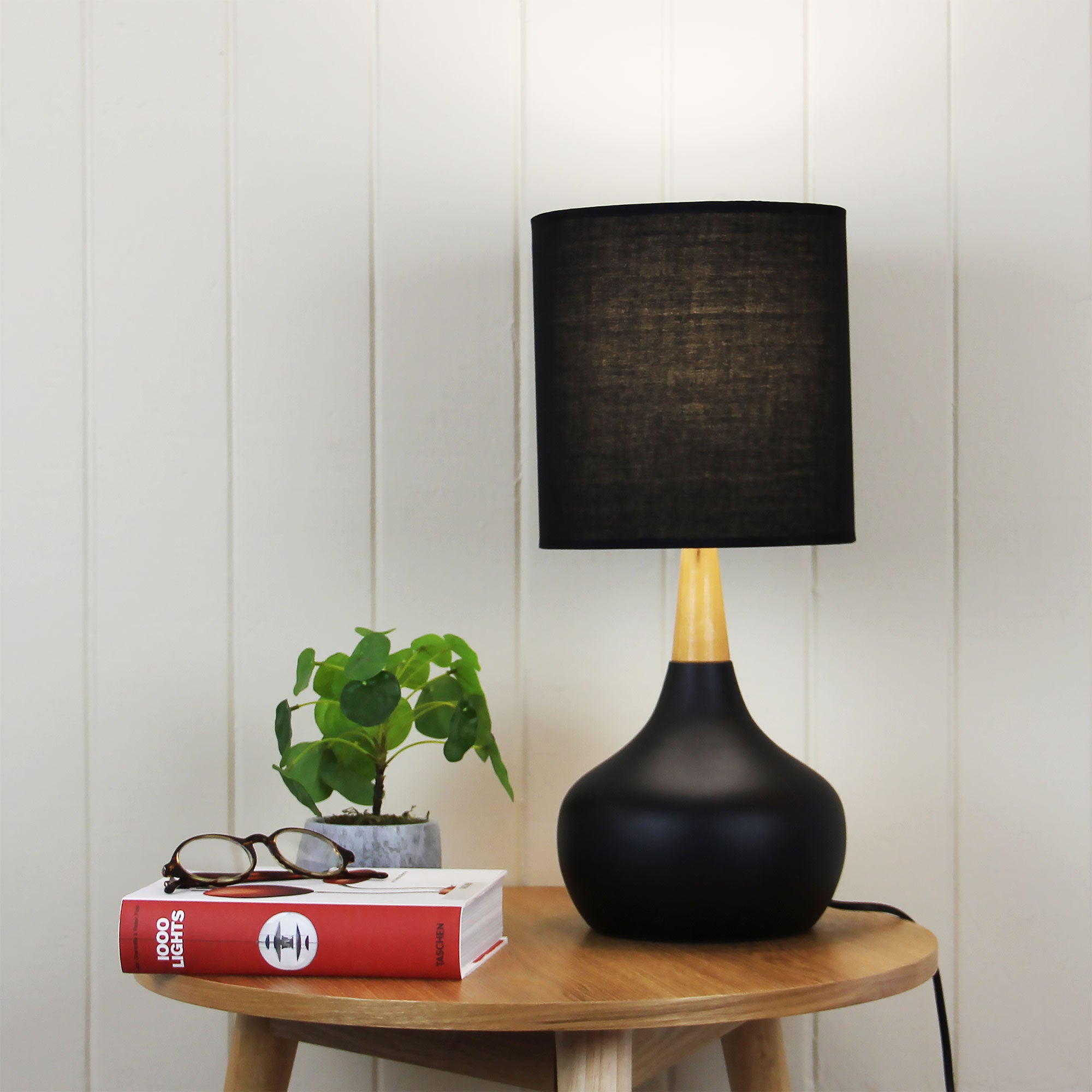 Pod Black & Natural Timber On-Off Touch Lamp
