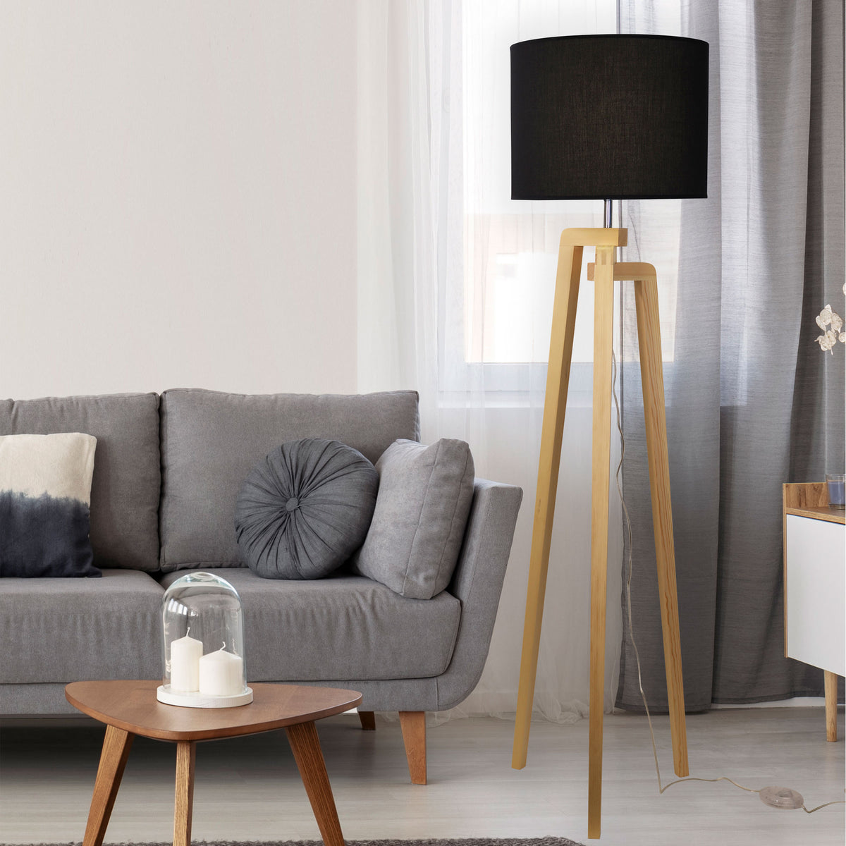 Lund Natural Timber & Black Fabric Floor Lamp