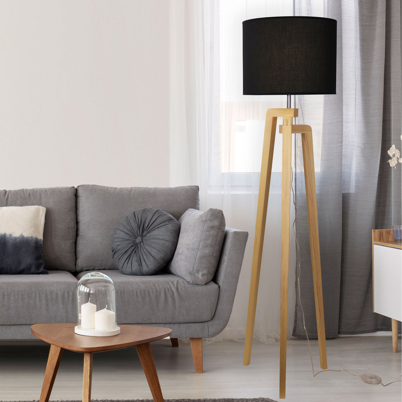 Lund Natural Timber & Black Fabric Floor Lamp