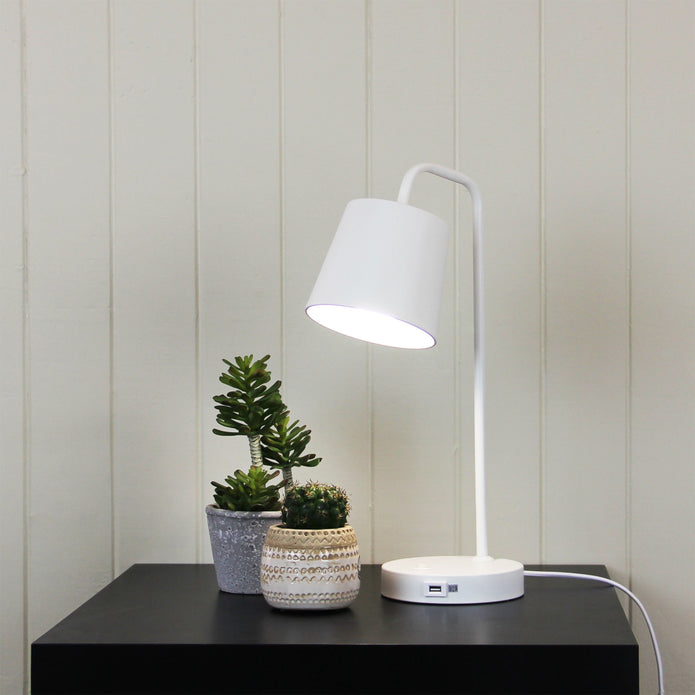 Henk White Metal Desk Lamp With USB Socket