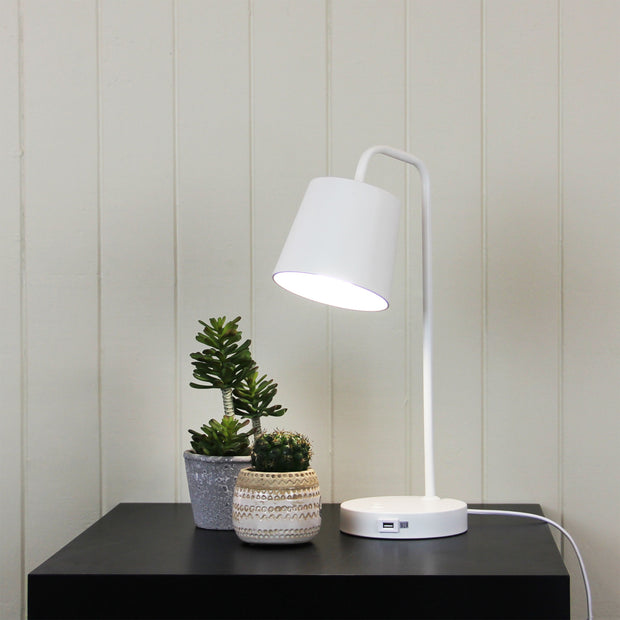 Henk White Metal Desk Lamp With USB Socket