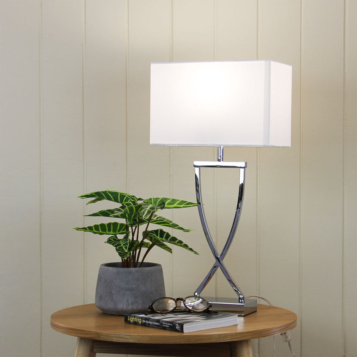 Chi Chrome & White Fabric Bedside Lamp