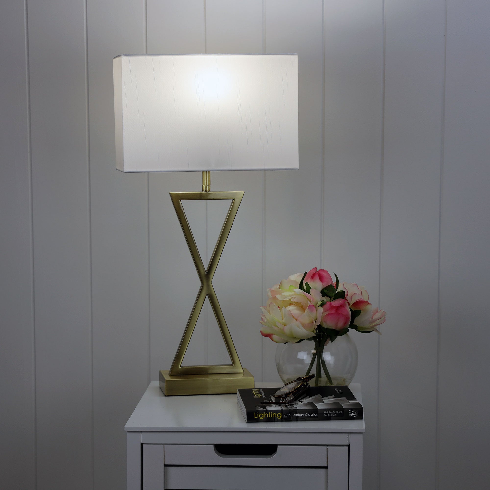 Kizz Antique Brass & White Fabric Bedside Lamp