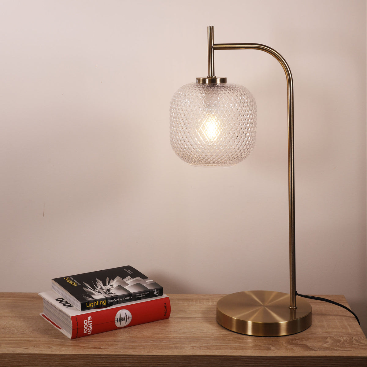 Cross Antique Brass & Clear Diamond Pattern Glass Decorative Table Lamp