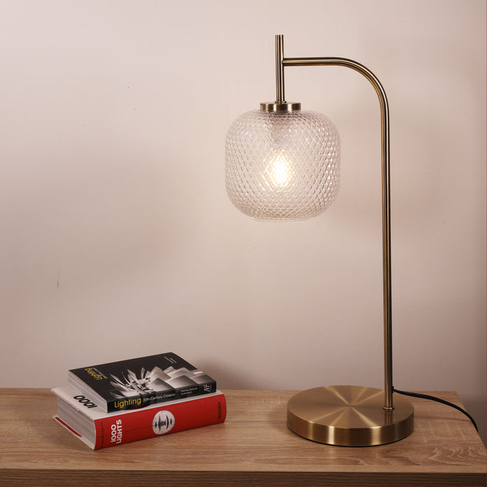 Cross Antique Brass & Clear Diamond Pattern Glass Decorative Table Lamp
