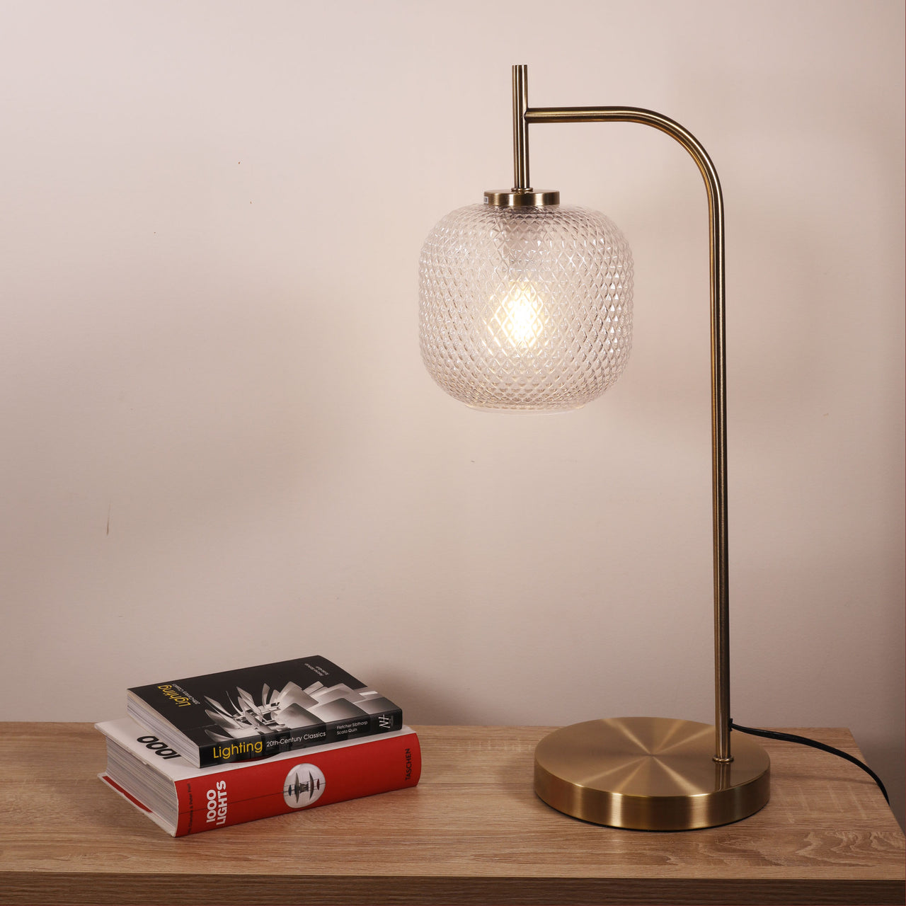 Cross Antique Brass & Clear Diamond Pattern Glass Decorative Table Lamp