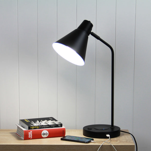 Targa Matt Black Desk Lamp With USB And Wireless Charging