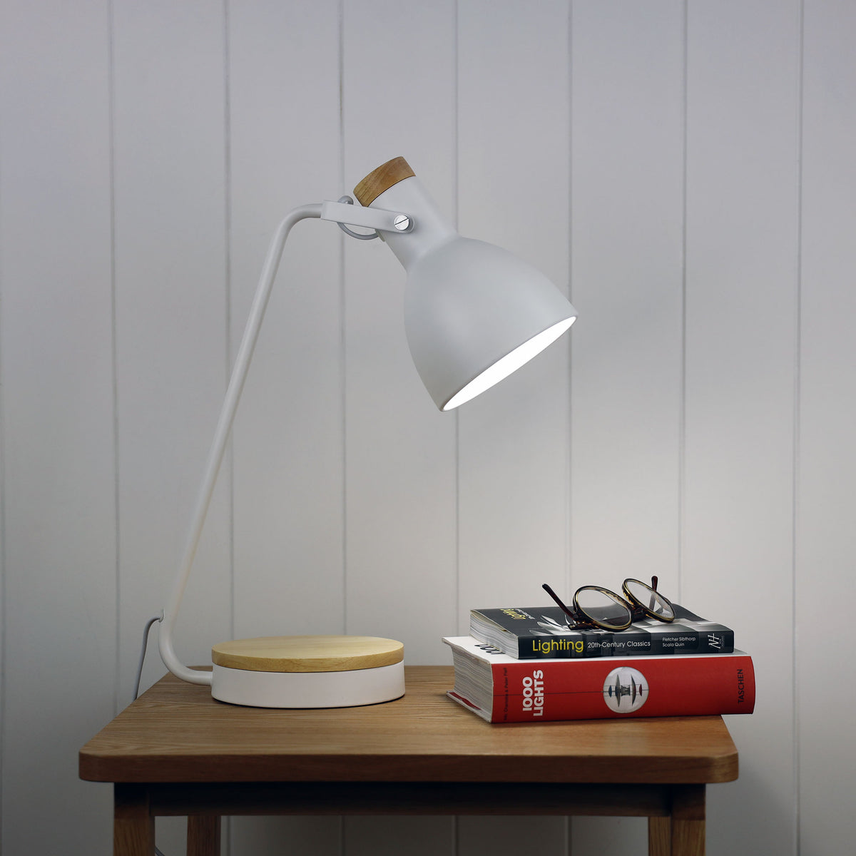 Benny Matt White & Blonde Wood Timber Task Lamp